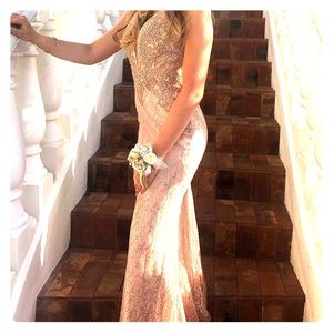 Light pink/tan with gold design prom dress.